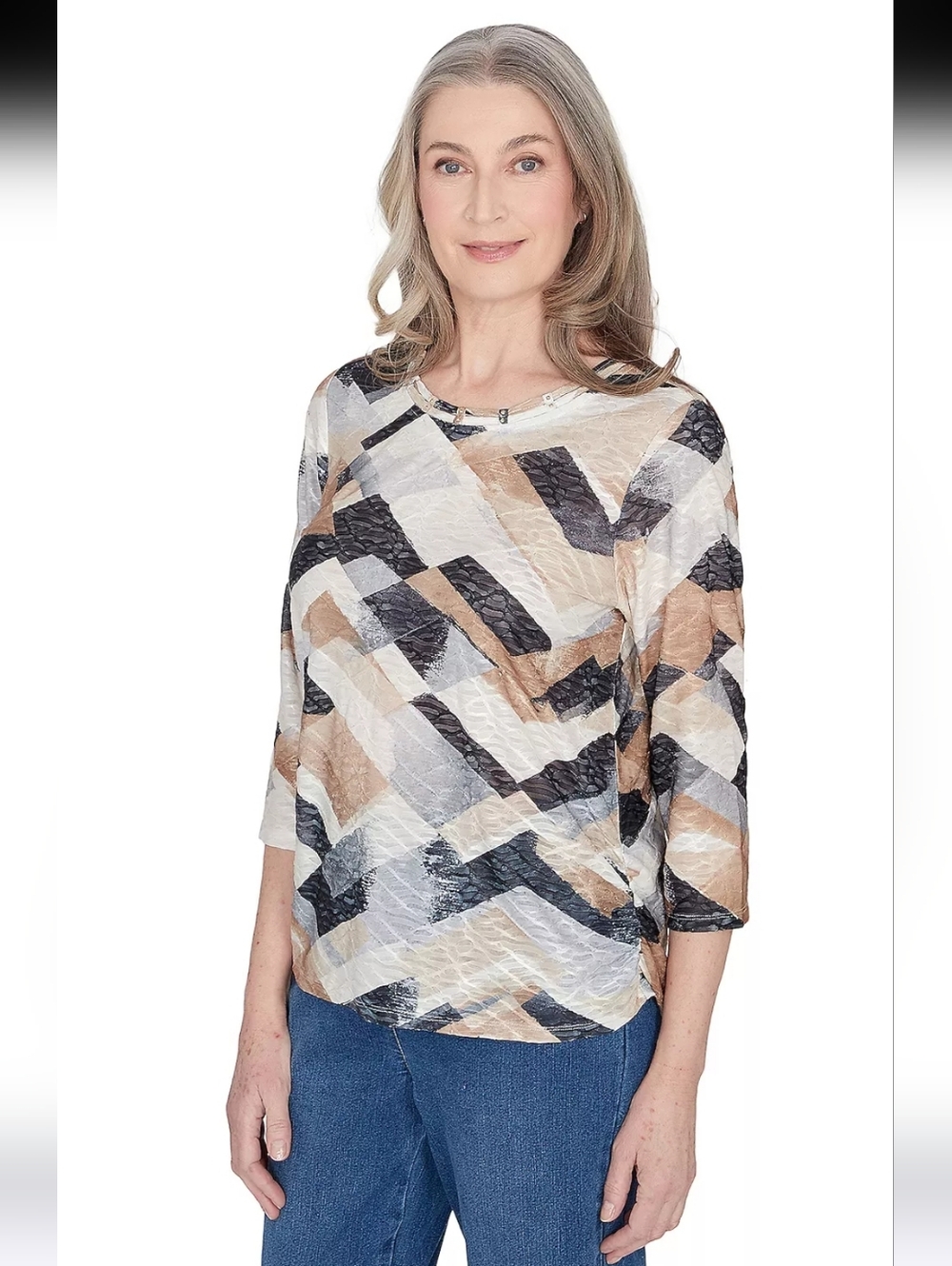 Alfred Dunner Geometric Chevron Top in Navy, Beige, and White